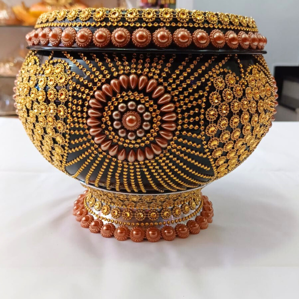 Buddhist Monk Alms Bowl with Bo Leaf Design and Bead work
