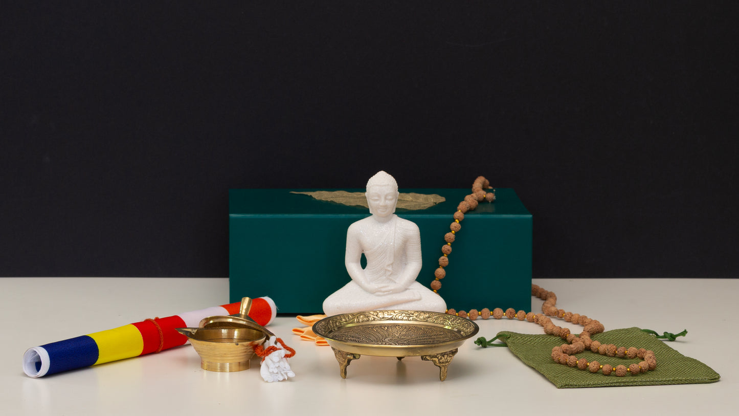 Temple in a Box – Complete Buddhist Altar Kit with Buddha Statue, Brass Offerings & Sacred Essentials