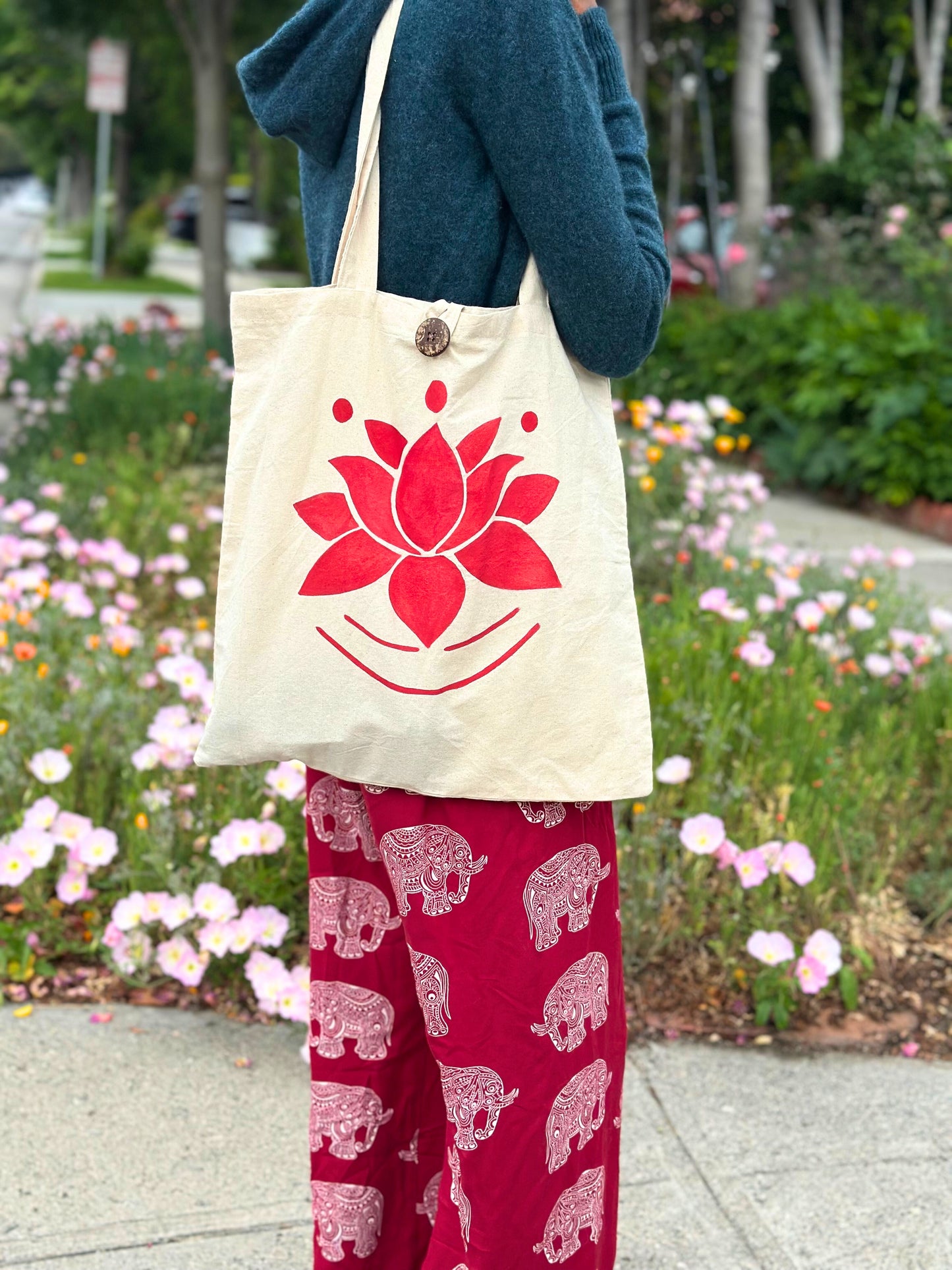 Red Lotus Yoga Tote Bag | Eco Friendly Cotton Spiritual Bag | Mindful Gift for Yogis | Reusable Boho Tote for Meditation & Daily Use