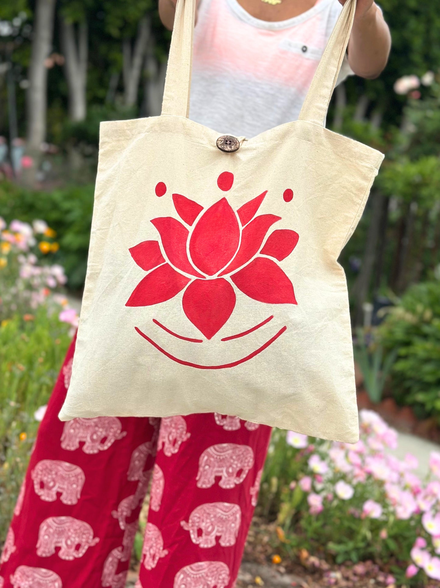 Red Lotus Yoga Tote Bag | Eco Friendly Cotton Spiritual Bag | Mindful Gift for Yogis | Reusable Boho Tote for Meditation & Daily Use