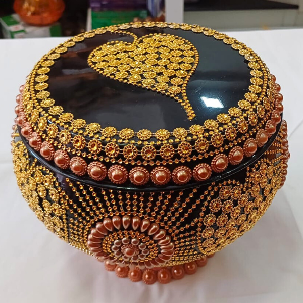 Buddhist Monk Alms Bowl with Bo Leaf Design and Bead work