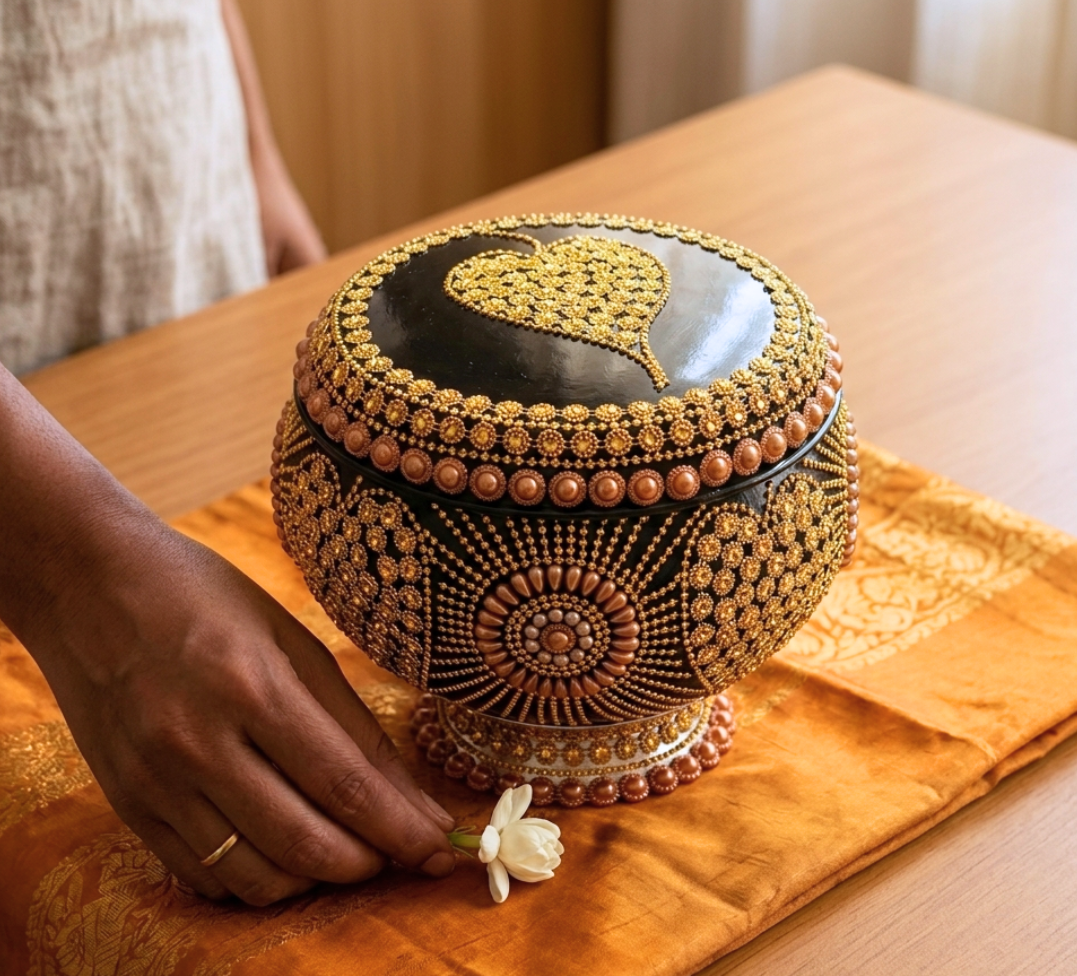 Buddhist Monk Alms Bowl with Bo Leaf Design and Bead work