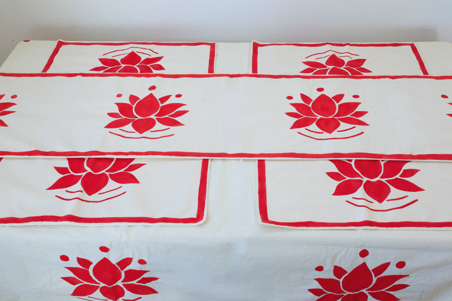 Handmade Lotus Tablecloth Set | Raw Cotton Table Runner, 4 Handpainted Placemats, Table Cover | Boho Dining Table Decor