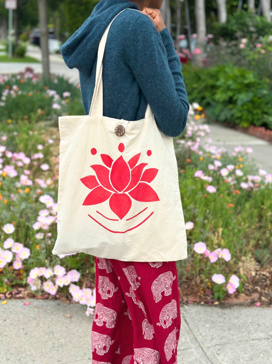 Red Lotus Yoga Tote Bag | Eco Friendly Cotton Spiritual Bag | Mindful Gift for Yogis | Reusable Boho Tote for Meditation & Daily Use