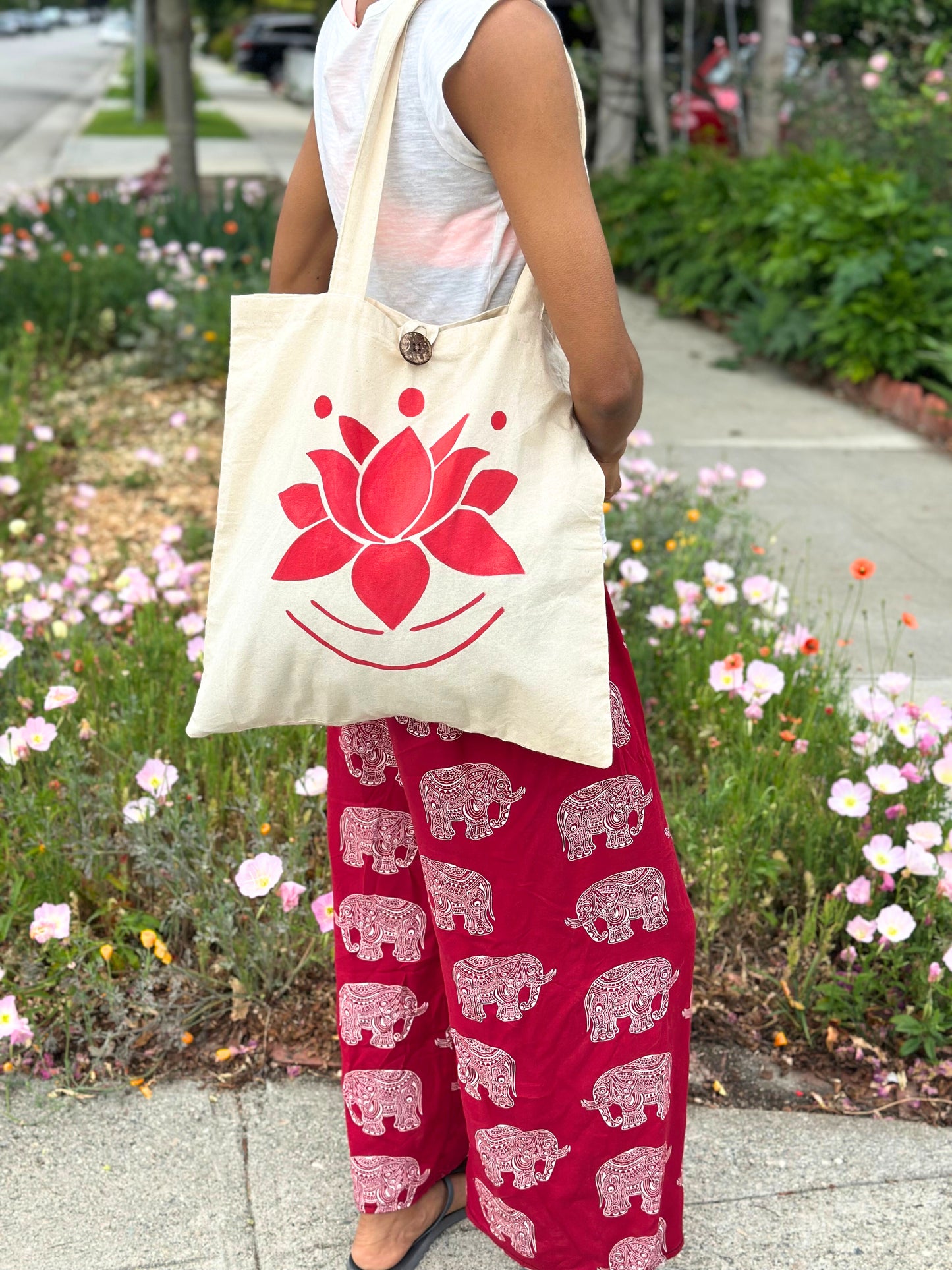 Red Lotus Yoga Tote Bag | Eco Friendly Cotton Spiritual Bag | Mindful Gift for Yogis | Reusable Boho Tote for Meditation & Daily Use
