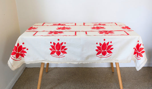 Handmade Lotus Tablecloth Set | Raw Cotton Table Runner, 4 Handpainted Placemats, Table Cover | Boho Dining Table Decor