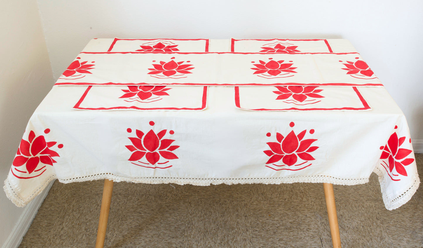 Handmade Lotus Tablecloth Set | Raw Cotton Table Runner, 4 Handpainted Placemats, Table Cover | Boho Dining Table Decor