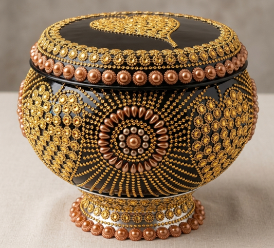 Buddhist Monk Alms Bowl with Bo Leaf Design and Bead work