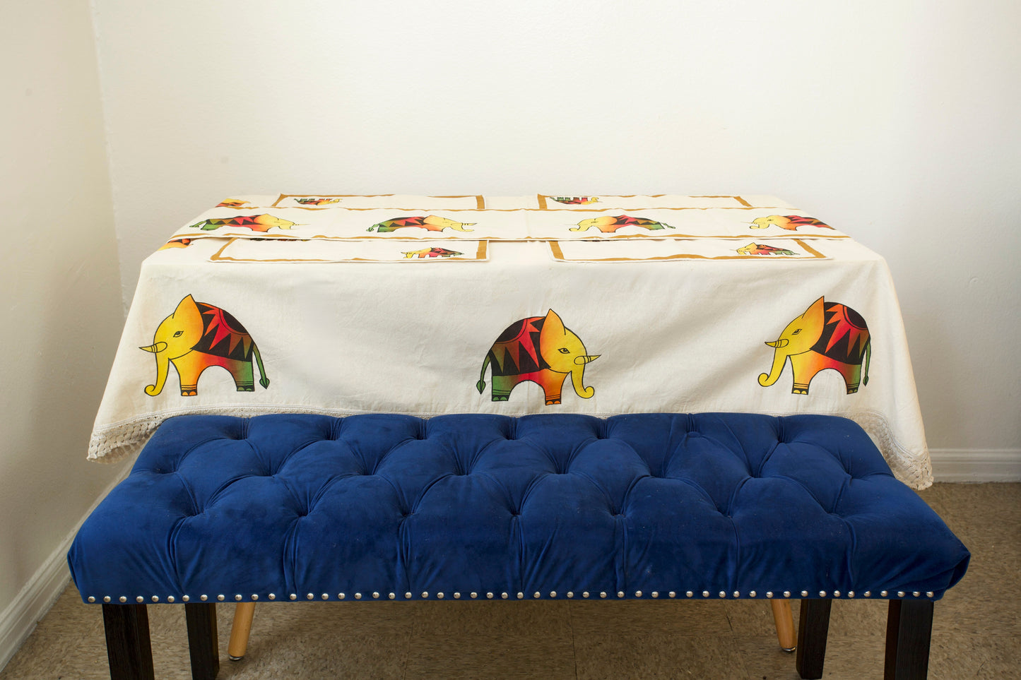 Handmade Elephant Tablecloth Set | Raw Cotton Table Runner, 4 Handpainted Placemats, Table Cover | Dining Table Decor | Handpainted decor