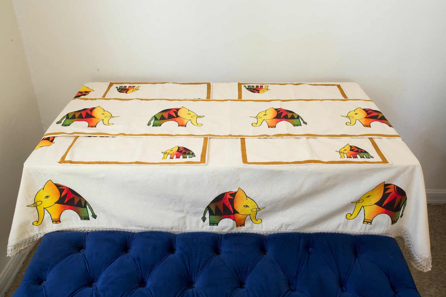 Handmade Elephant Tablecloth Set | Raw Cotton Table Runner, 4 Handpainted Placemats, Table Cover | Dining Table Decor | Handpainted decor